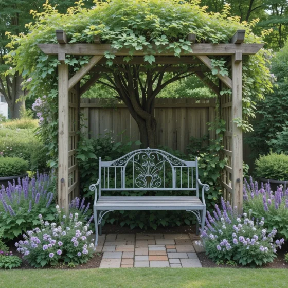 Cottage Bench Under a Tree Canopy