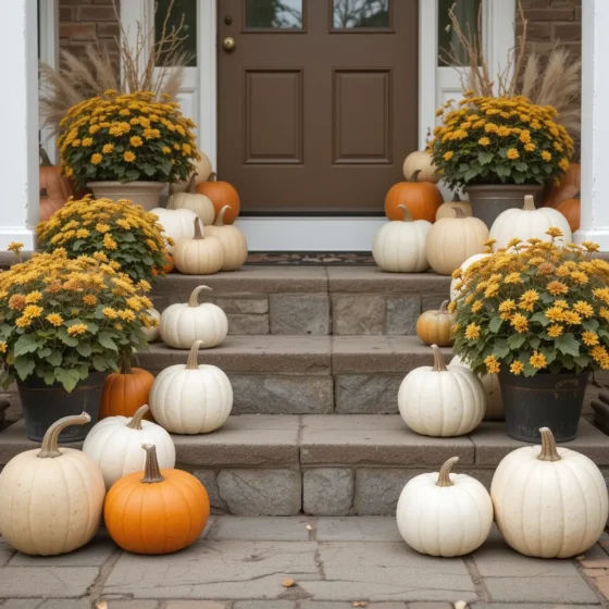 Stacked pumpkins on front porch steps for fall décor.
