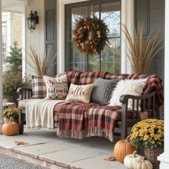 Front porch seating area with plaid pillows and blankets.