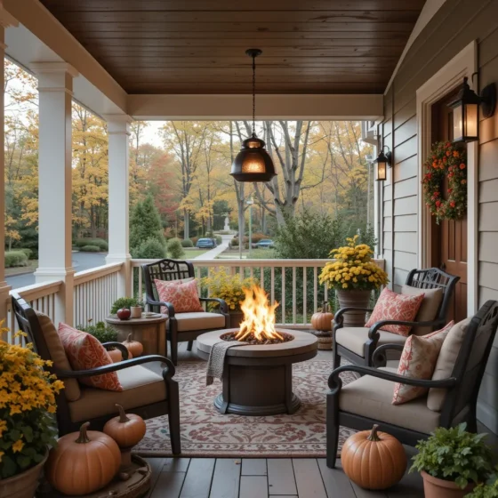 Small outdoor fire pit on a fall-decorated porch.