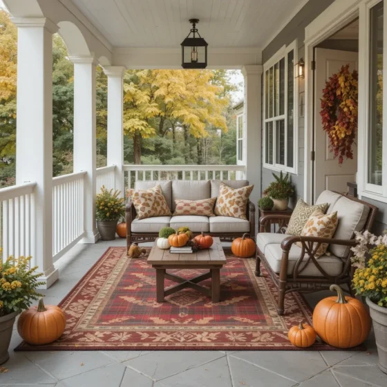 Fall-themed outdoor rug enhancing a front porch setup.