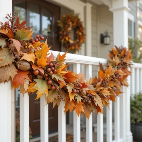 Handmade fall garland hanging on front porch railing.