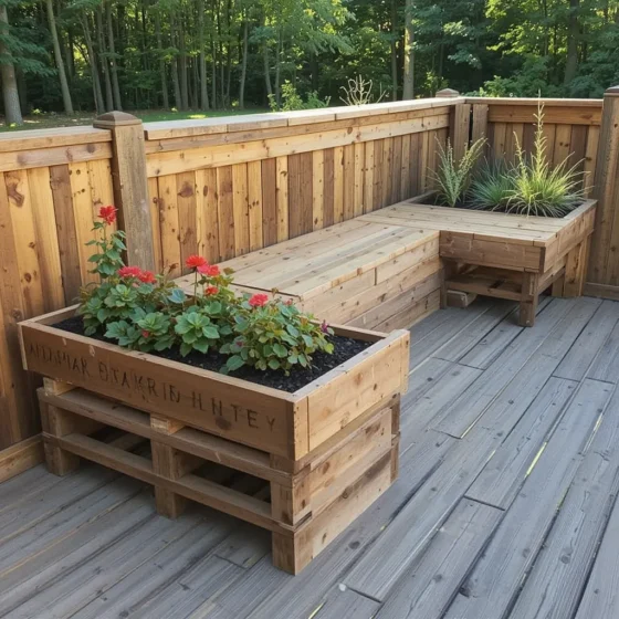 DIY Pallet Deck with Integrated Planter Bench