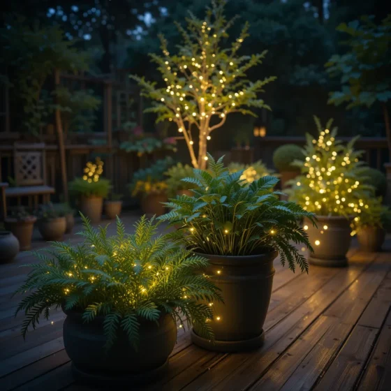 Fairy Lights in Planters for Soft Accents