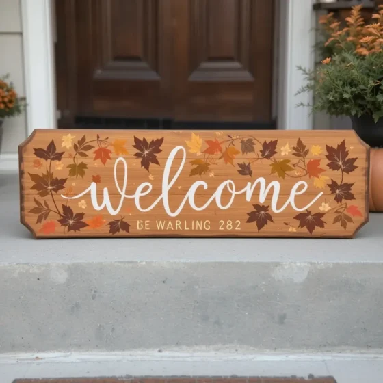 Front porch with a fall-themed welcome sign.