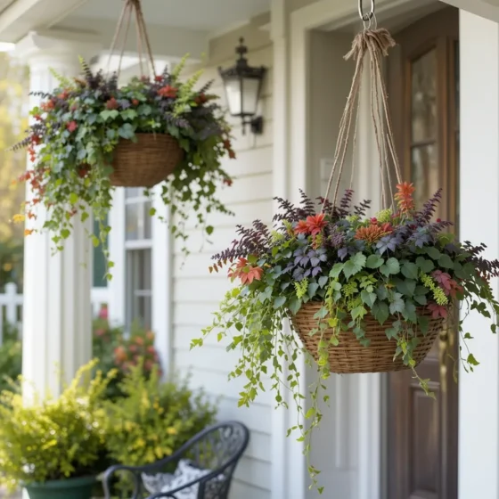 Hanging baskets with autumn plants on front porch.