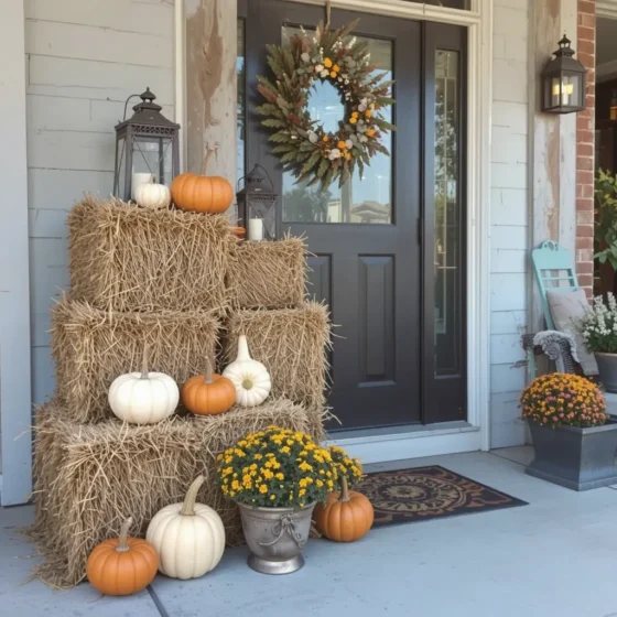 Hay bales and pumpkins styled on front porch for fall.