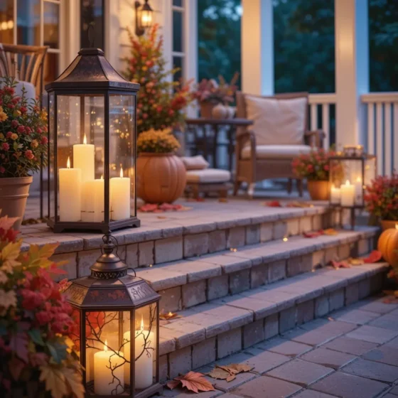 Glowing lanterns on a fall-themed front porch.