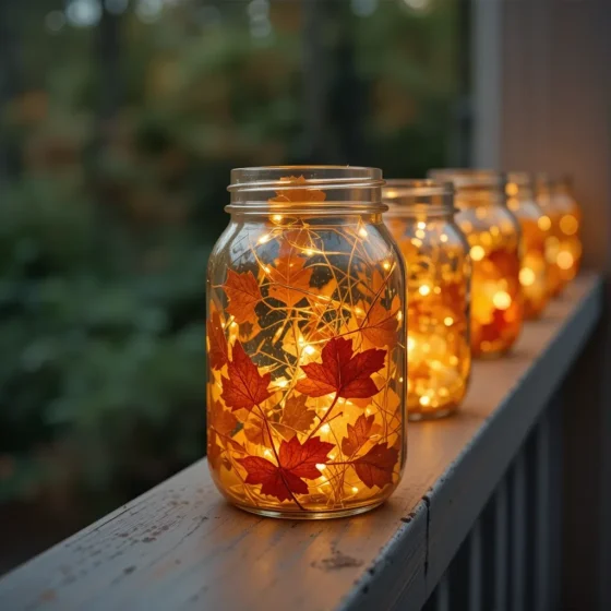 Mason Jar Lights with Autumn Leaves