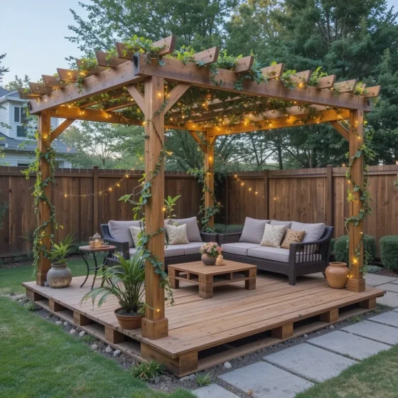 Pallet Deck with Pergola Cover