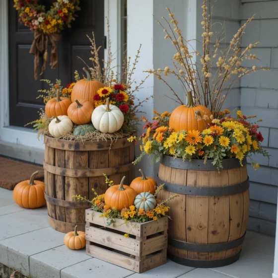 Wooden crate with pumpkins and fall décor on porch.