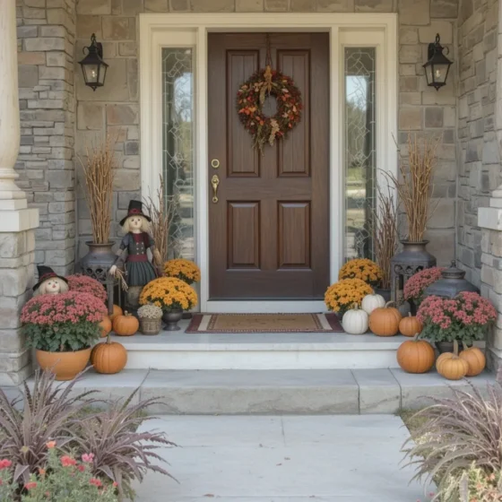 Mini scarecrows and gourds decorating a fall porch.