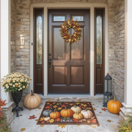 Pumpkin-themed fall doormat on front porch.