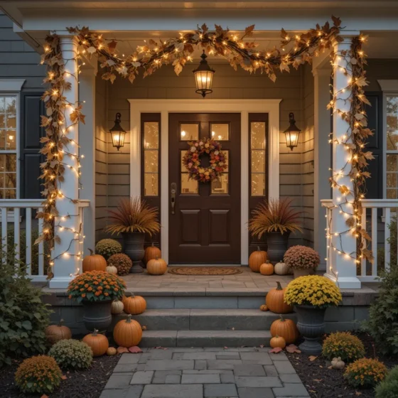 Front porch decorated with twinkling string lights for fall.