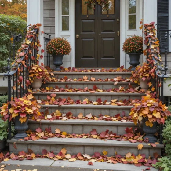 Front porch railing decorated with colorful autumn leaves.