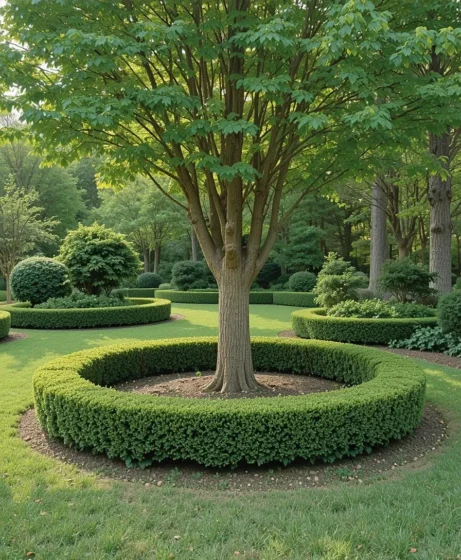Circular Boxwood Borders Around Trees