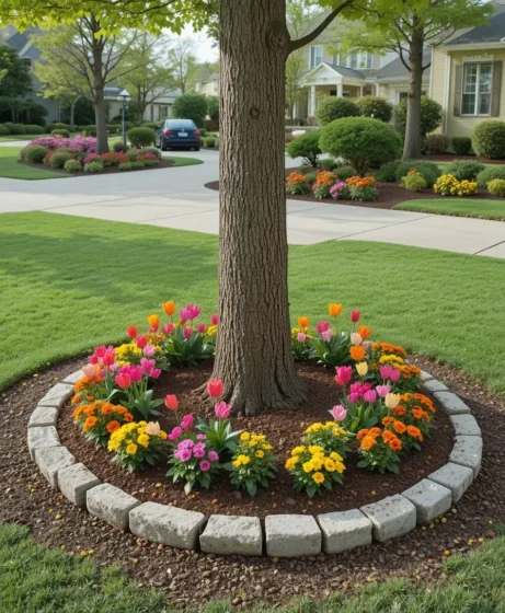 Create a Mulch Bed with Seasonal Flowers - Landscaping Ideas Around Tree