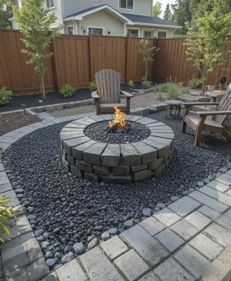 Fire Pit Area with Black Rocks