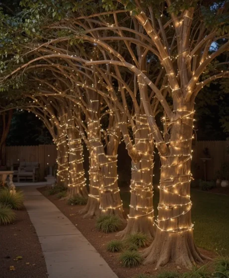 String Lights Wrapped Around Trunks