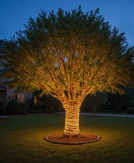 Tree Wrapped in Rope Lights