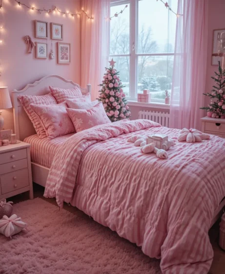 Cute Pink Christmas Bedroom Setup