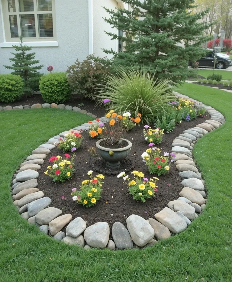 River Rock Borders Around Flower Beds