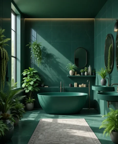 Dark Green Bathroom with Indoor Plants
