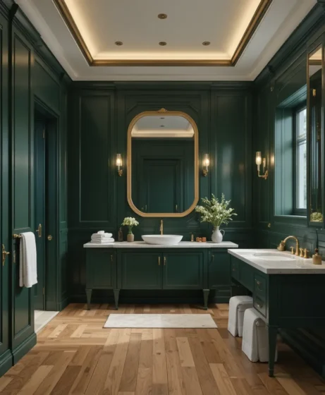Dark Green Bathroom with Warm Wood Floors