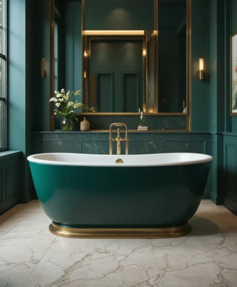 Dark Green Bathtub with Gold Fixtures