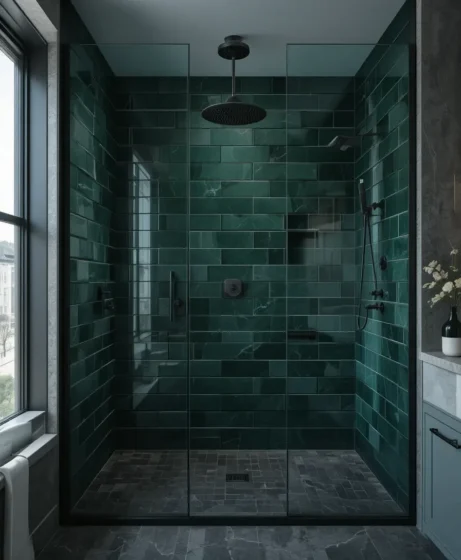 Dark Green Shower Tiles with Black Fixtures