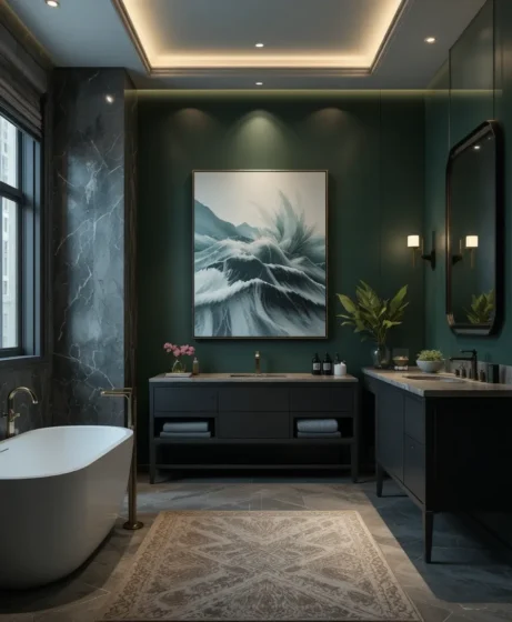 Dark Green Statement Wall with Artwork