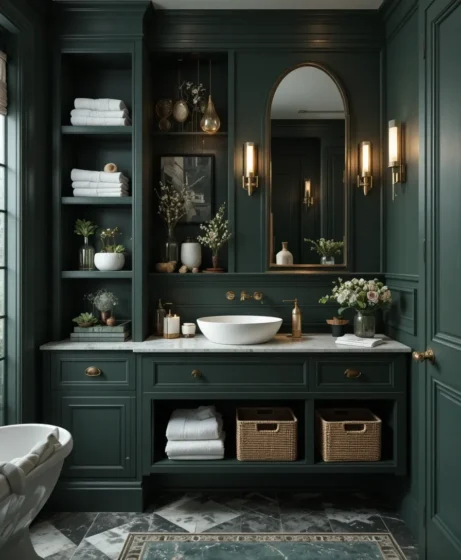 Dark Green Vanity with Open Shelving
