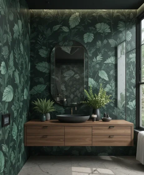 Dark Green Wallpaper with Botanical Prints