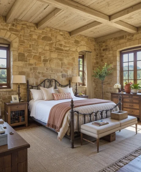 Tuscan Bedroom with Stone-Inspired Walls