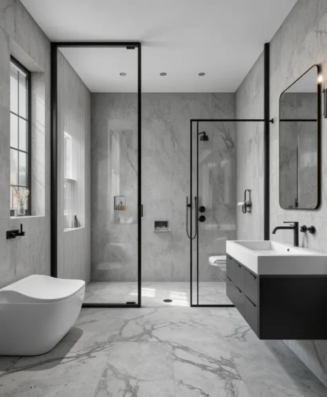 Microcement with Black-Framed Glass