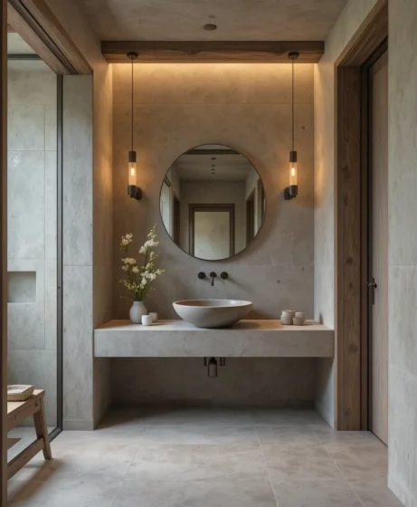 Rustic Microcement with Stone Sink