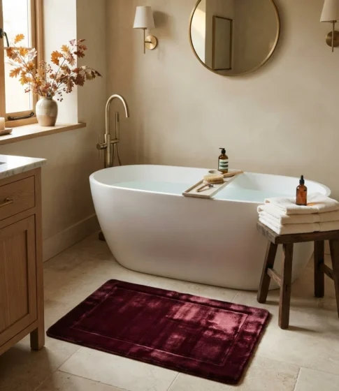 Velvet Bath Mat in Deep Burgundy