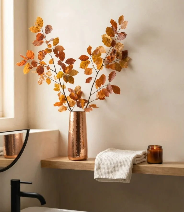 Copper Vase with a Single Branch of Autumn Leaves
