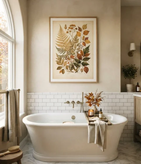 Framed Botanical Print Above the Tub