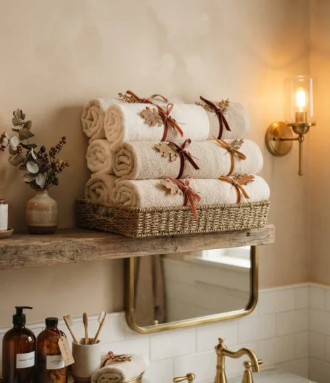 Layered Bath Towels with Ribbon Ties