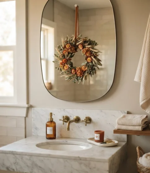 Mini Wreath on the Bathroom Mirror