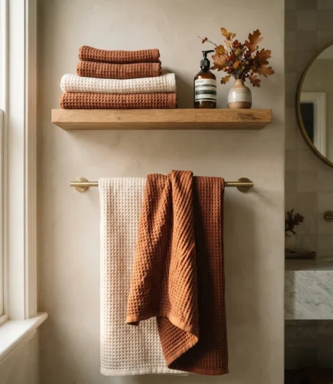 Waffle-Knit Towels in Rust and Cream