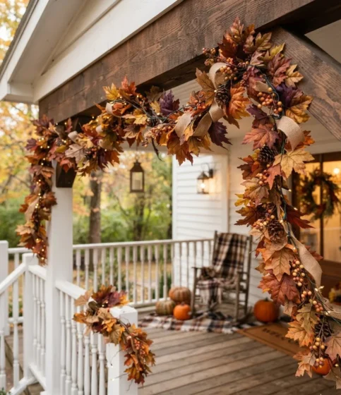 Autumn Leaf Garland on the Porch Beams