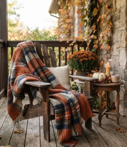 Cozy Outdoor Seating with Plaid Throws