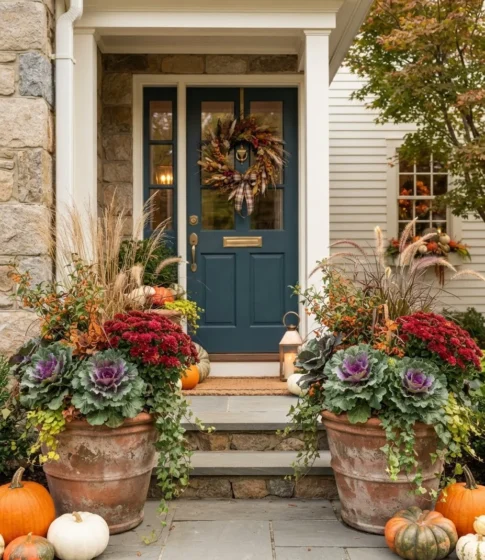 Fall Planters with Ornamental Kale and Mums