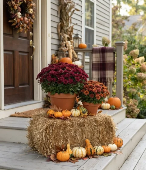 Hay Bale and Mum Arrangement