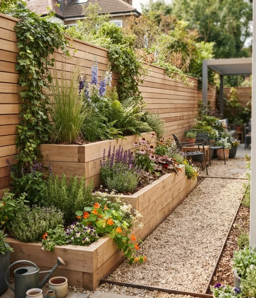 Tiered Planter Boxes Along a Fence