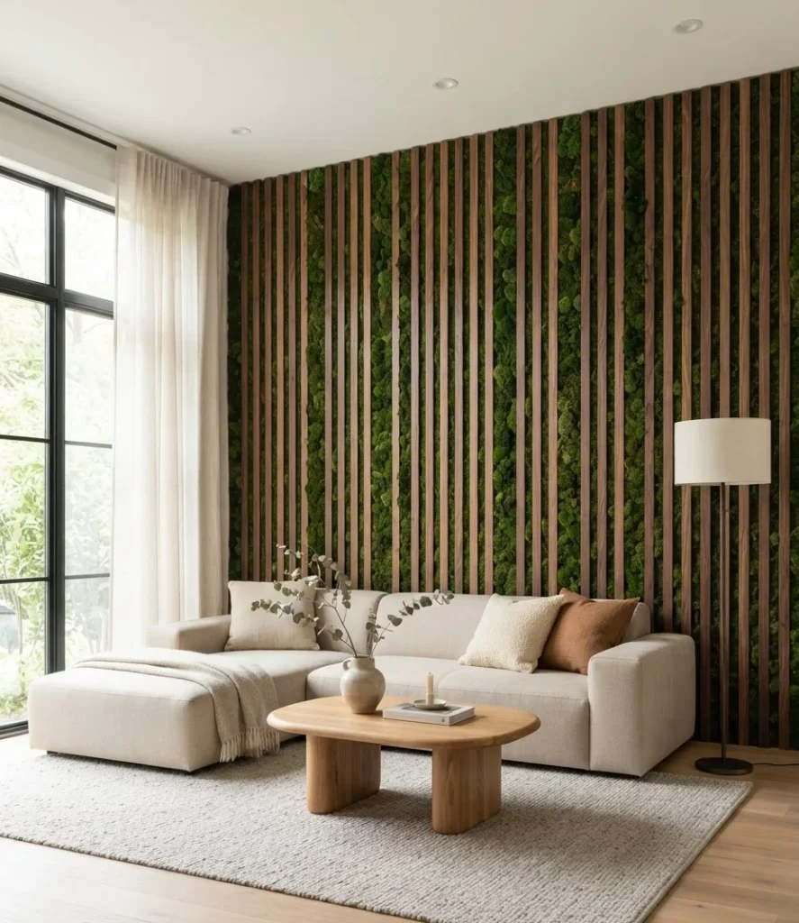 Moss and Wood Slat Combination Wall